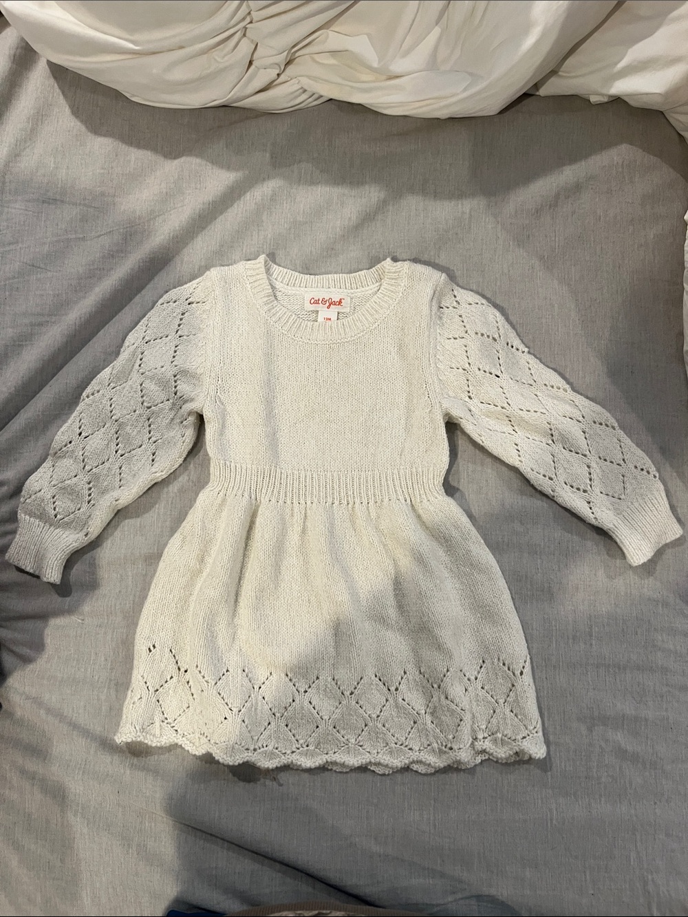 Cat & Jack Cream Cable-Knit Long-Sleeve Girls Dress 12m